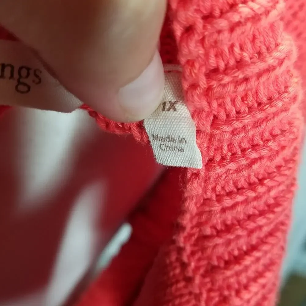 Soft Surroundings Sweater Womens 1X Coral Knit Free Day Cold Shoulder linen
